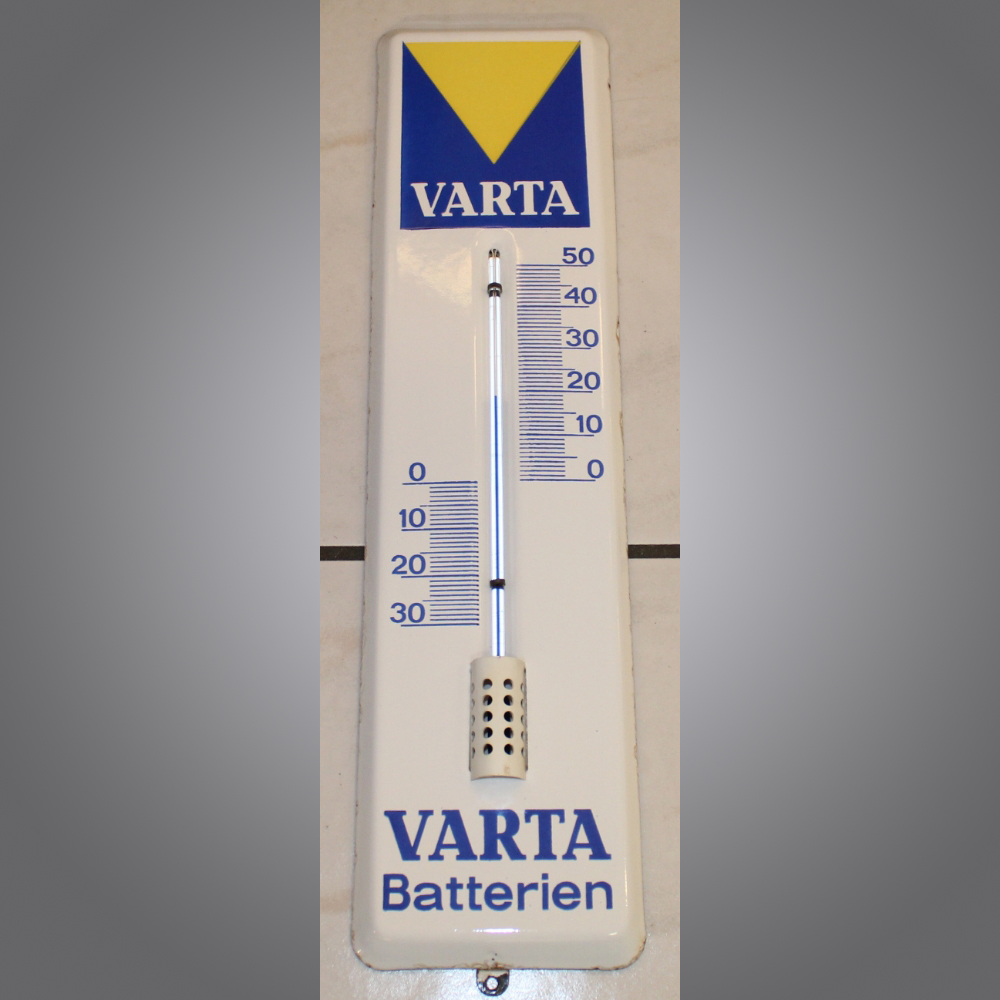 Varta-Thermometer-Emailschild-Weiss