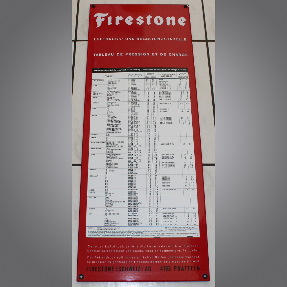 Firestone-Pneutabelle-Emailschild-Rot-70s