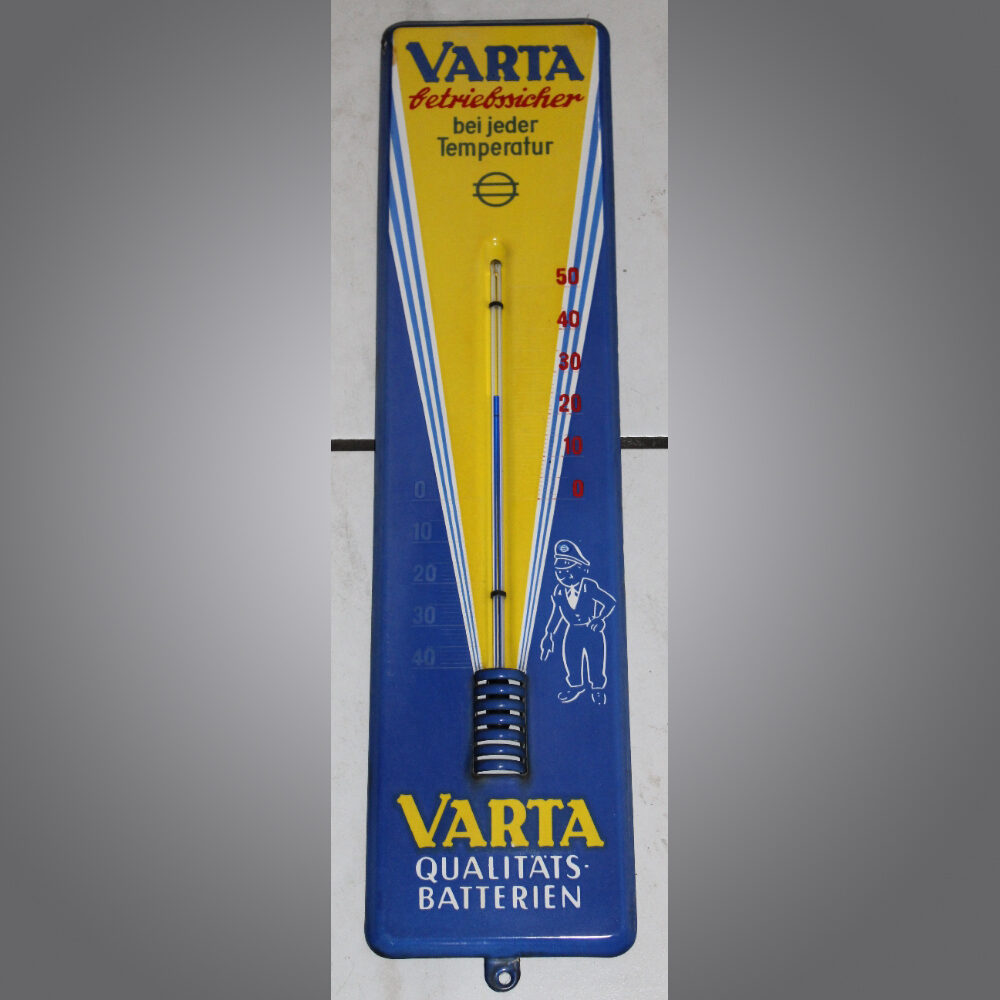 Varta-Thermometer-Emailschild-Blau